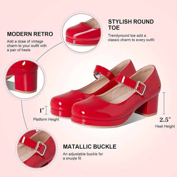 Women's Leather Mary Jane Pumps Chunky Low Heel Ankle Buckle Round Toe - Picture 5 of 7